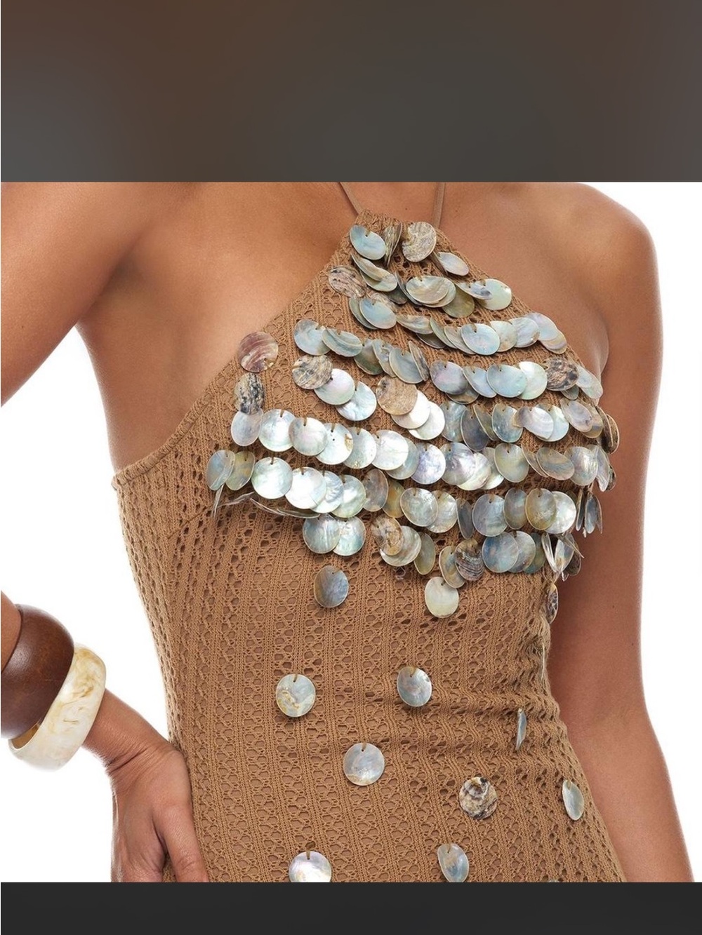 Fashion Nova Brown Shell-Embellished Knit Maxi Dress